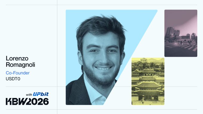 A promotional graphic for KBW2026 featuring a smiling portrait of Lorenzo Romagnoli, Co-Founder of USDTO, alongside smaller images of a city skyline and a traditional Korean palace, with text 'with UPbit'.