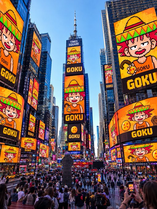 Times Square in New York is covered in bright billboards displaying cartoon characters labeled 'GOKU' wearing sombreros, referencing the Dragon Ball character.