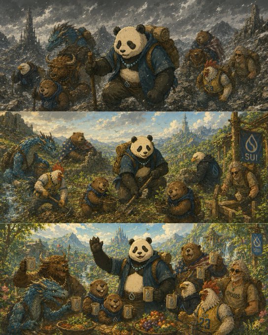 The image is a three-panel artwork showing a panda character leading a diverse group of animal companions—including a dragon, bears, eagle, and badger—on a journey that progresses from a snowy mountain trek to a lush, flourishing landscape, culminating in a celebratory feast under a "SUI" banner. It symbolizes the growth of the @0xPandaSui community over the past year, with the panda and its team transforming from humble beginnings into a thriving, unified "Sui pod," reflecting the post's message of building, support, and collaboration within the Sui ecosystem.