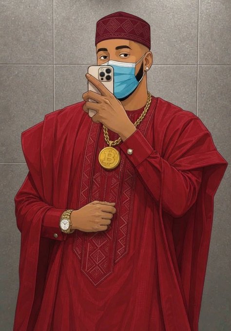 A digital illustration depicts a man in traditional maroon attire and a cap, wearing a blue face mask, gold watch, and a large gold Bitcoin medallion, holding a smartphone.