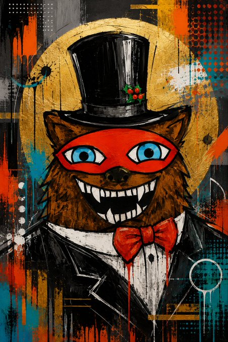 Street art style painting of a brown werewolf-like creature wearing a black top hat with holly, a red domino mask, and a red bow tie over a formal suit.