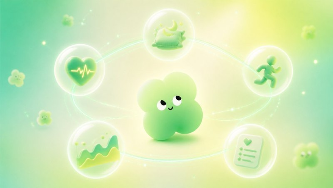 A cheerful, clover-shaped green mascot floats at the center of the image, surrounded by translucent bubbles containing icons of a heart with a heartbeat line, a pillow with a moon for sleep, a running figure for exercise, a health chart, and a checklist with a heart—symbolizing the various data streams like sleep, fitness, and medical records that the 4Heal project aims to unify through AI and DePIN. The pastel green gradient background reinforces the wellness and health-tech theme mentioned in the post about consolidating scattered health data.