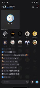 A mobile chat interface in Chinese showing a group called 'PRGOG(100)' with various user avatars, a profile icon labeled '第二郎,' and a list of chat messages.