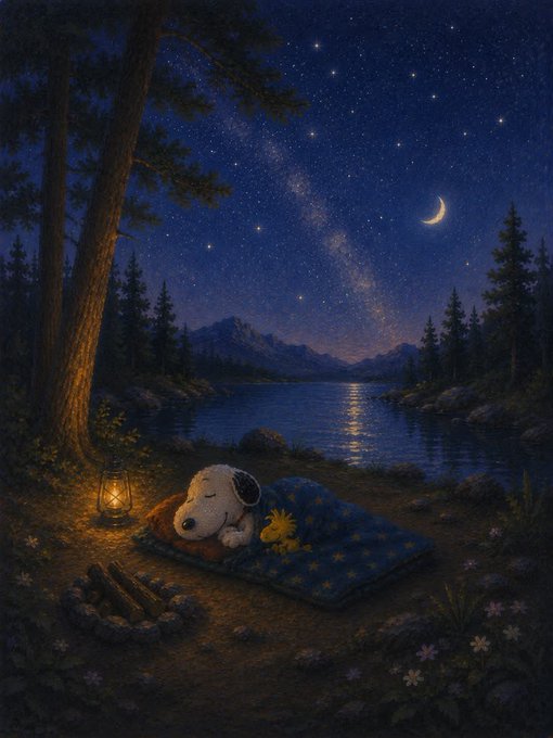A whimsical nighttime illustration depicts Snoopy and Woodstock camping by a lake under a starry sky with a crescent moon, accompanied by a glowing lantern.