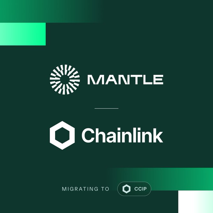 A graphic on a dark green background shows the logos for MANTLE and Chainlink, with text at the bottom reading 'MIGRATING TO' next to the CCIP logo.