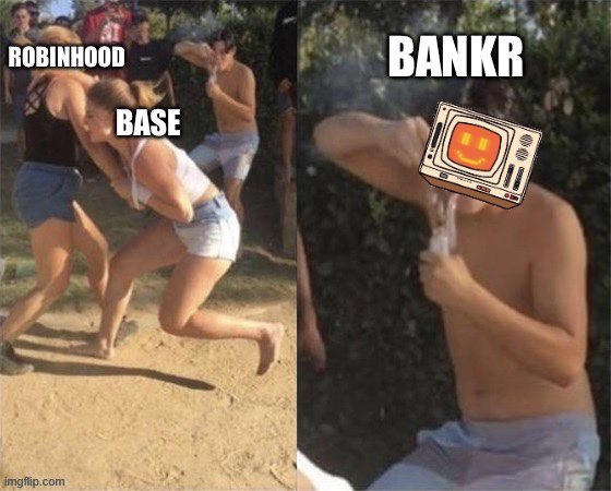 A two-panel meme with the left side showing a group pushing one person labeled 'BASE' and 'ROBINHOOD', while the right side shows a man urinating with a computer monitor head labeled 'BANKR'.