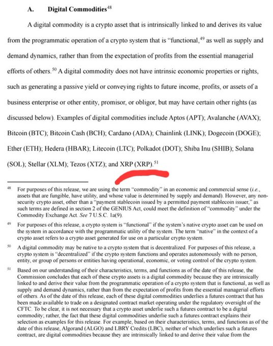 A regulatory document defining 'Digital Commodities' and listing examples including Aptos (APT), Avalanche (AVAX), Bitcoin (BTC), and others, with a red underline drawn beneath the text.