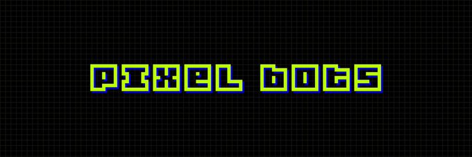 The image displays the title "PIXEL BOTS" in a retro, pixelated yellow font with blue outlines on a black grid background, serving as a striking visual introduction to the automated cross-chain flywheel project between Robinhood and Base.