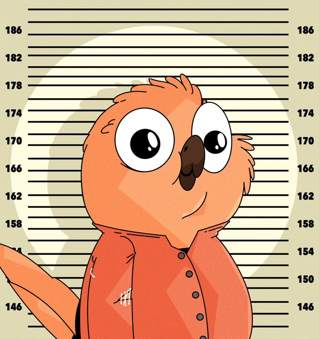A cartoon illustration of an orange, big-eyed parrot or bird character wearing a button-up shirt, depicted as a mugshot against a height chart background ranging from 146 to 186.