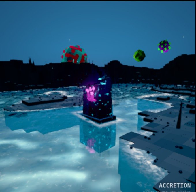 A surreal digital artwork titled 'ACCRETION' at the bottom right depicts a dark, glowing tower rising from a fragmented, reflective body of water beneath a deep blue sky with floating, colorful geometric objects.