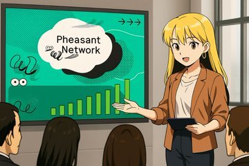 An anime-style illustration of a blonde woman in a brown blazer presenting 'Pheasant Network' to an audience in front of a green chart.