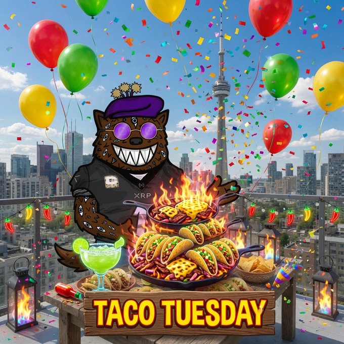A cartoon character wearing purple sunglasses and an XRP shirt stands behind a flaming table of tacos and nachos, with a "TACO TUESDAY" sign, balloons, and confetti celebrating against a city skyline.