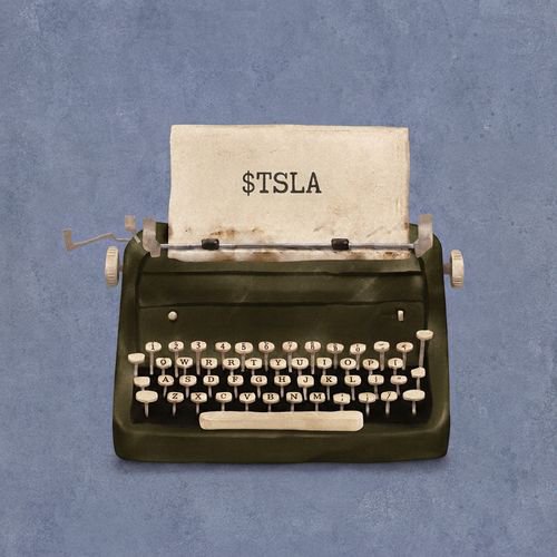 A vintage dark green typewriter with white keys displays a paper reading '$TSLA' against a blue background.