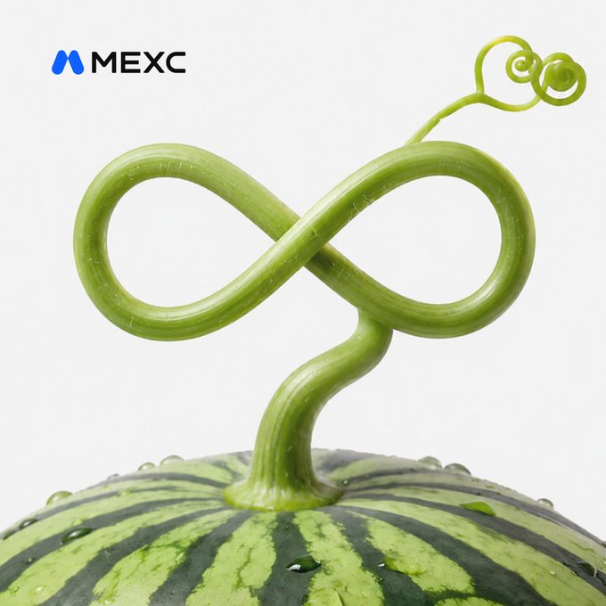 A green watermelon with a stem naturally curling into an infinity symbol, alongside the MEXC logo, visually reinforces the post's message that opportunities on MEXC grow endlessly and organically — just like nature itself.