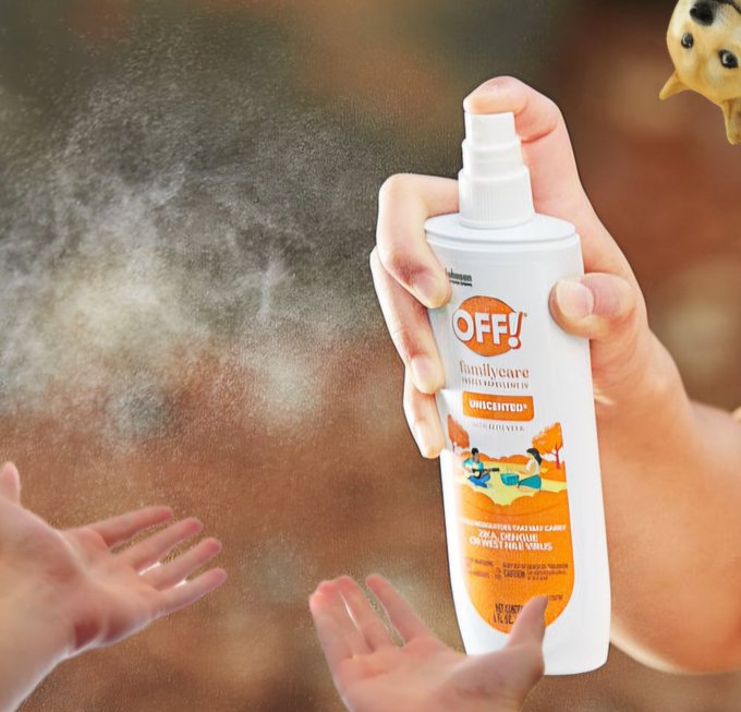 A hand holds a white bottle of OFF! Familycare Insect Repellent, spraying mist toward two outstretched hands, with a curious cat peeking from the upper right corner.