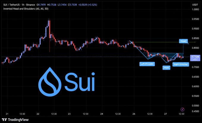 A TradingView chart showing an 'Inverted Head and Shoulders' technical analysis pattern for SUI / TetherUS, with annotations for 'Left Shoulder', 'Head', 'Right Shoulder', 'Neck', and 'Target'.