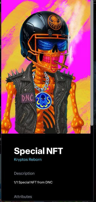 NFT artwork titled "Special NFT" from "Kryptos Reborn" showing a skeletal figure wearing a football helmet, spiked leather jacket with a 'DNC' patch, and a blue medallion against a pink and orange background, described as "1/1 Special NFT from DNC".