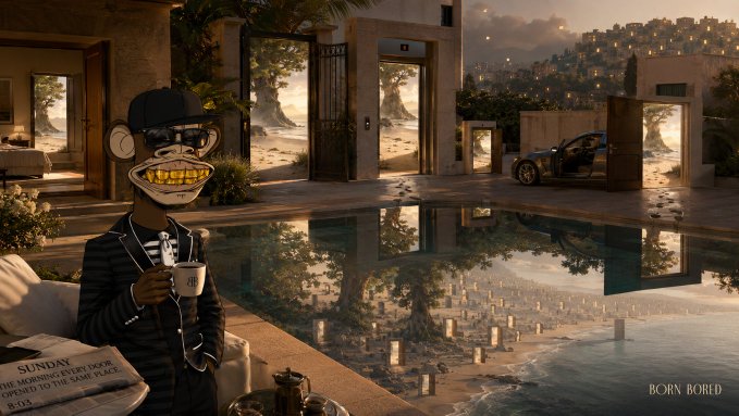 The image shows an animated ape-like character in a suit and sunglasses enjoying coffee by a luxurious pool, with multiple open doors leading to beach scenes and the text "SUNDAY / The morning I must open a door to the same place B-1/5" and "BORN BORED" visible. The scene's open doors and serene Sunday morning ambiance visually reinforce the post's message about courageously embracing new opportunities in Web3 to discover where each one leads.