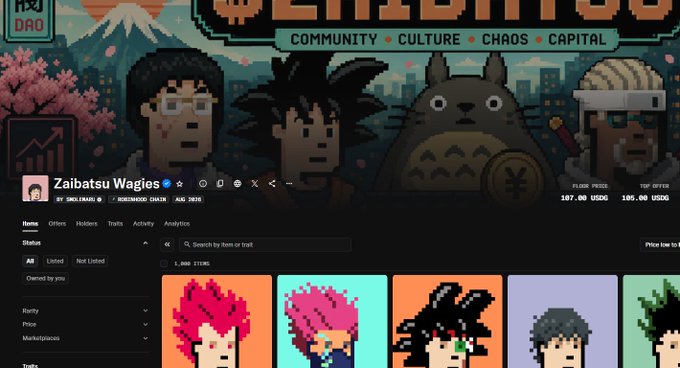The image shows the OpenSea NFT collection page for "Zaibatsu Wagies" on the Bitcoin blockchain, featuring pixel art characters including a Totoro figure, with a floor price of 167.00 USDC and total volume of 105.00 USDC, celebrating the collection's verification status announced in the post.