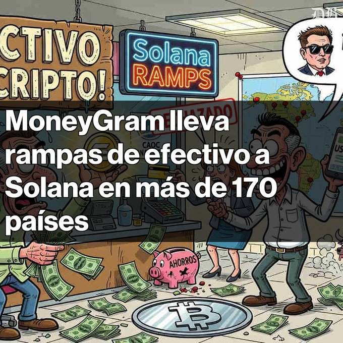 A cartoon illustration depicting a chaotic money exchange scene with a neon 'Solana RAMPS' sign and overlaid Spanish text reading 'MoneyGram lleva rampas de efectivo a Solana en más de 170 países'.