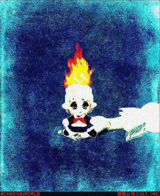 The image features an illustration of a small white doll with a red fire coming out of its head. The doll is sitting on someone's hand, and there are two people present in the scene - one person holding the doll and another person standing behind them. The background of the image has a blue color, which complements the white doll and adds to the overall visual appeal of the artwork.