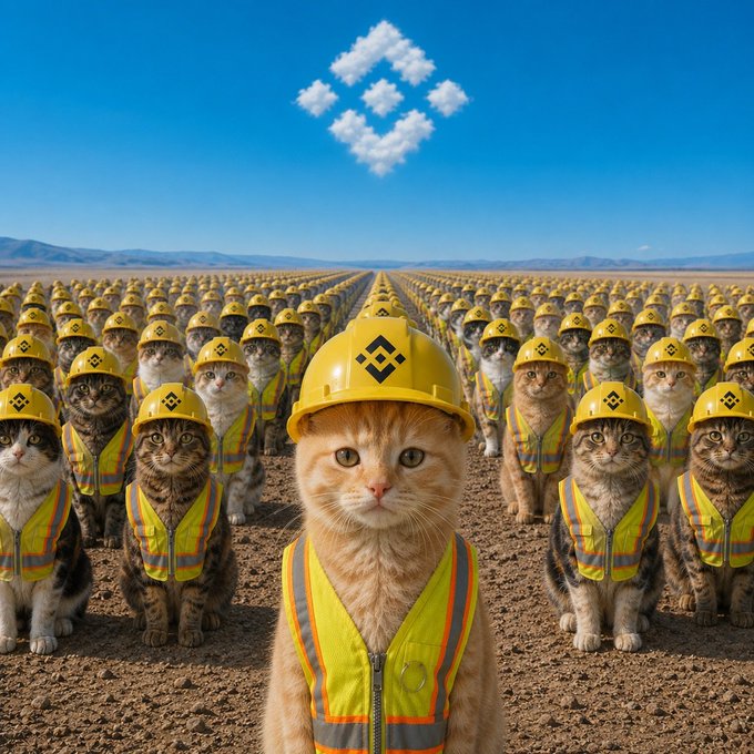 A determined orange tabby cat wearing a yellow hard hat and high-visibility vest stands at the front of a vast army of similarly outfitted feline construction workers, ready to build on BNB Chain. Above them, clouds form the iconic Binance logo against a clear blue sky, tying the scene to the project's blockchain mission.