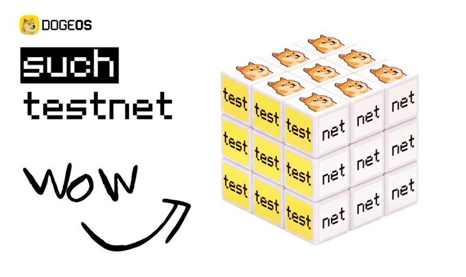 A graphic featuring the Dogeos logo, the text 'such testnet,' the handwritten word 'wow,' and a 3D cube made of smaller blocks with dog faces and the words 'test' and 'net' on their faces.