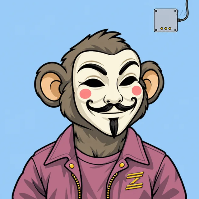 A cartoon monkey character wearing a Guy Fawkes mask, a pink shirt, and a pink jacket with a yellow 'Z' logo.