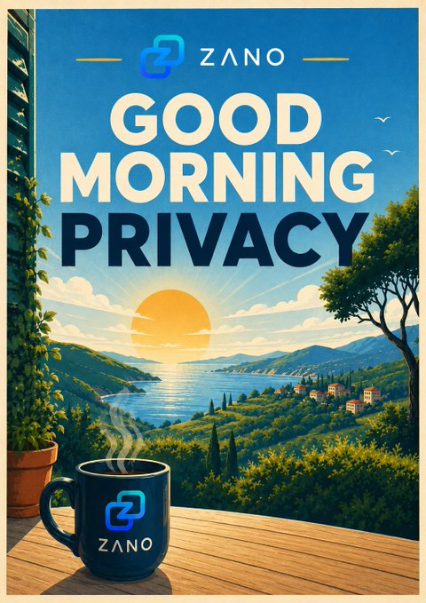 A digital poster displaying "ZANO GOOD MORNING PRIVACY" features a coffee mug with the Zano logo on a wooden table overlooking a Mediterranean coastal sunrise.