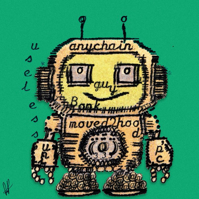 A stylized, hand-drawn illustration of a yellow robot with the word 'anychain' written on its forehead, surrounded by scattered letters and words like 'useless', 'moved', '2koo', and 'Bank'.