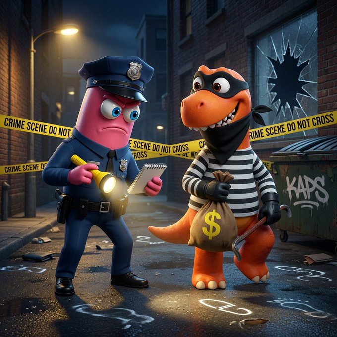 A 3D-rendered cartoon scene shows a pink police officer character investigating a crime scene with yellow 'CRIME SCENE DO NOT CROSS' tape alongside an orange dinosaur thief in a striped shirt holding a money bag and crowbar.