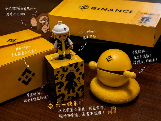 The image features a collection of figurines, including two toy monkeys, one yellow and one black, sitting next to each other with their arms crossed. The figurines are displayed on a wooden surface, possibly a table or shelf. In the background, there is an advertisement for Bitcoin, which includes text in Chinese characters that translates to "binance" and "alpaca". This suggests that the image might be related to a post about Bitcoin or cryptocurrency, with the figurines serving as decorative elements rather than actual coins.