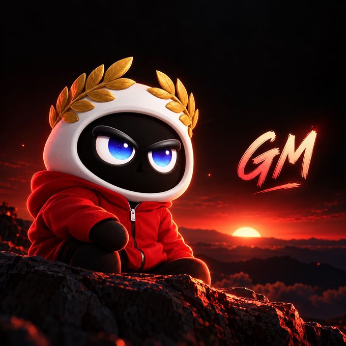 A stylized character in a red hoodie with a golden laurel wreath sits on a cliff at sunset next to the glowing text 'GM'.