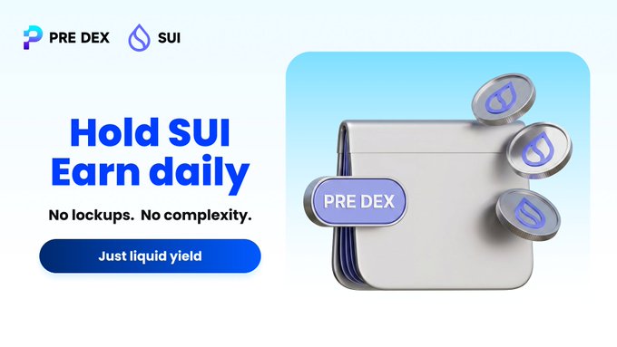 The image features a white wallet with purple coins attached, which are used as an example of digital currency. The text above the wallet reads "Hold SUI. Earn daily. No lockups. No complexity. Just liquid yield." This suggests that the wallet is designed for users who want to earn money through cryptocurrency transactions and hold their digital assets securely without any complexities or lockups.