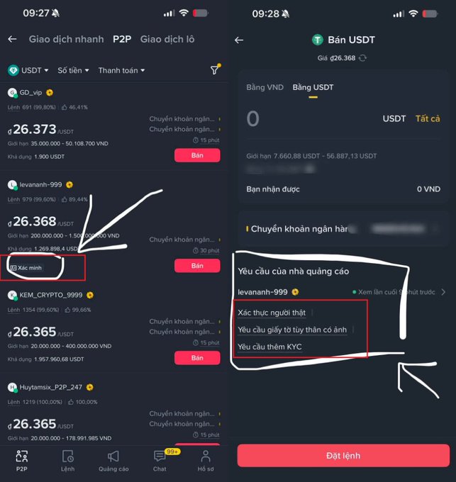 Two side-by-side cryptocurrency P2P trading app screenshots in Vietnamese, showing USDT listings with annotated red boxes highlighting 'Xác minh' (verification) requirements.