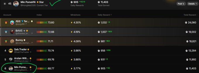 A screenshot of a cryptocurrency mining or node ranking dashboard showing 'Min PomeVN' at rank 45 with a daily tier reward of $905, alongside other accounts like 诱奶了 Ter, DAVE, and Bunny with various index scores and earnings.