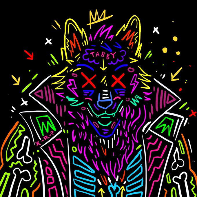 A vibrant, neon-colored digital illustration of a cat or tiger-like face wearing a crown labeled 'TABBY' against a black background, featuring chaotic line work and bright pink, green, blue, and yellow accents.