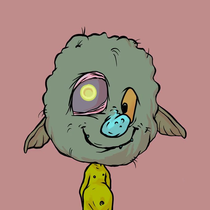 A cartoon illustration of a green, fuzzy monster character with one large eye and a blue nose, smiling on a pink background.