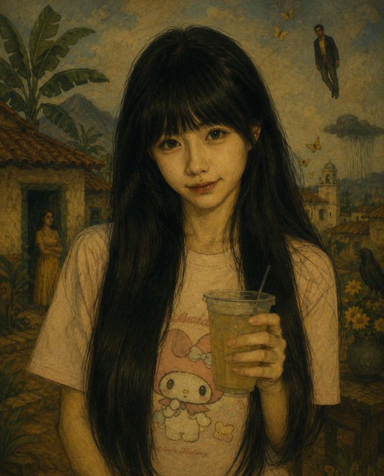 A digital painting in a classical style depicts a young woman with long black hair holding an iced drink, with a man floating in the sky and a small house in the background.