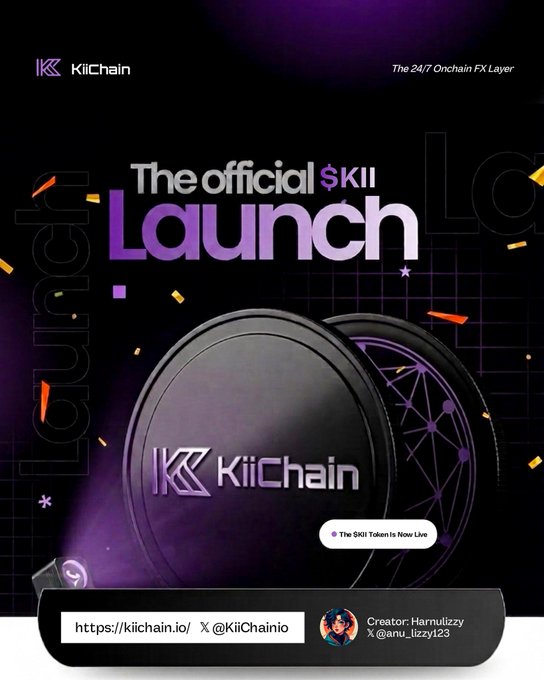 A promotional poster for the KiiChain launch announces 'The official $KII Launch' on 'The 24/7 Onchain FX Layer,' featuring the KiiChain coin, website https://kiichain.io, Twitter @KiiChainio, and creator credit to Harnulizzy (@anu_lizzy123).