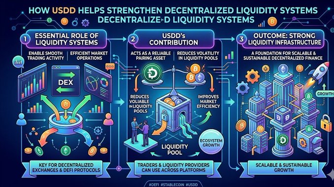 The image presents a graphic representation of three different liquidity systems, each depicted within their respective bubbles. These bubbles represent various aspects of centralization or decentralization related to the exchange of digital currency, such as etheriums, decoins, or stablecoins. The first bubble shows an essential role of USDD in the market, while the second bubble highlights how the stability of liquidity systems can be improved by using DeFi protocols and stablecoins. Lastly, a third bubble illustrates how these systems could be leveraged to create a robust marketplace for trading assets like etheriums or decoins.