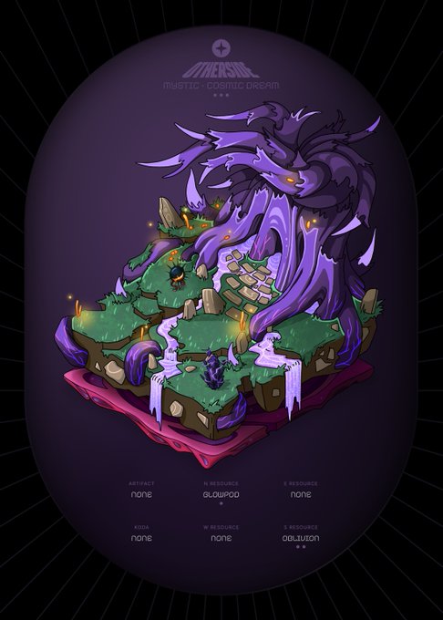 An illustration labeled "Mystic Cosmic Dream" featuring a large purple spectral creature looming over a small floating island with grass, ruins, and a small figure.