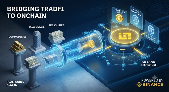 A Binance promotional graphic titled 'BRIDGING TRADFI TO ONCHAIN' showing traditional assets like commodities, real estate, and treasuries flowing into tokenized digital formats.