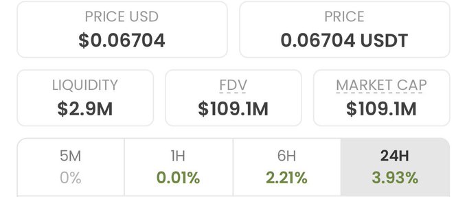 The image shows cryptocurrency market data with a price of $0.06704 USDT, FDV and Market Cap of $109.1M, liquidity of $2.9M, and 24H gains of 3.93%, suggesting a low-priced token the poster is jokingly hyping for a "moonshot" despite its small market cap and limited liquidity.