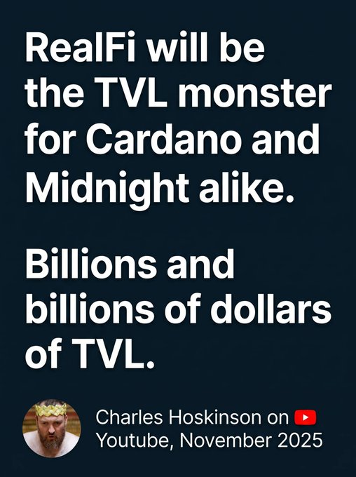 A quote graphic featuring a bold white text on a dark background stating "RealFi will be the TVL monster for Cardano and Midnight alike. Billions and billions of dollars of TVL," attributed to Charles Hoskinson with a YouTube logo, dated November 2025. The image aligns with the post's sentiment by visually reinforcing the bullish claim about RealFi driving significant TVL growth for Cardano ($ADA).
