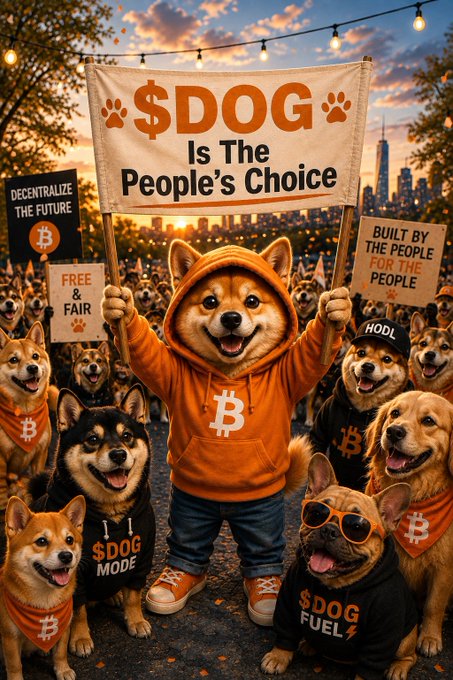 An AI-generated illustration of a Shiba Inu dog wearing an orange Bitcoin-themed hoodie holding a 'DOG Is The People's Choice' banner, surrounded by other dogs wearing Bitcoin gear.