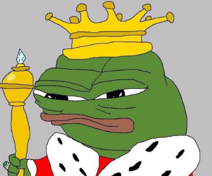 A cartoon illustration of Pepe the Frog depicted as a king, wearing a gold crown and ermine-trimmed robe while holding a golden scepter.