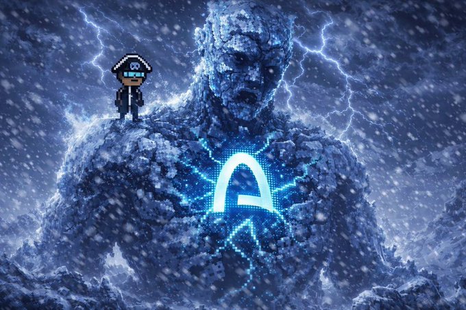 A fantasy digital artwork depicting the Night King from Game of Thrones with glowing blue lightning in the background, featuring a pixel art character wearing a pirate hat and sunglasses, and a glowing blue 'A' logo.