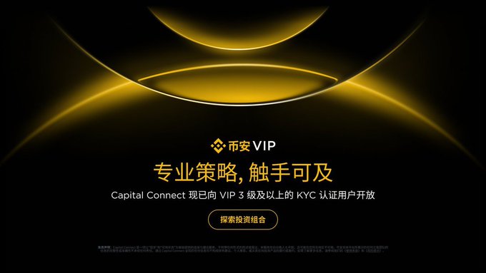 A promotional graphic with Chinese text reading '币安VIP' and '专业策略,触手可及' advertising Capital Connect for KYC-verified users.