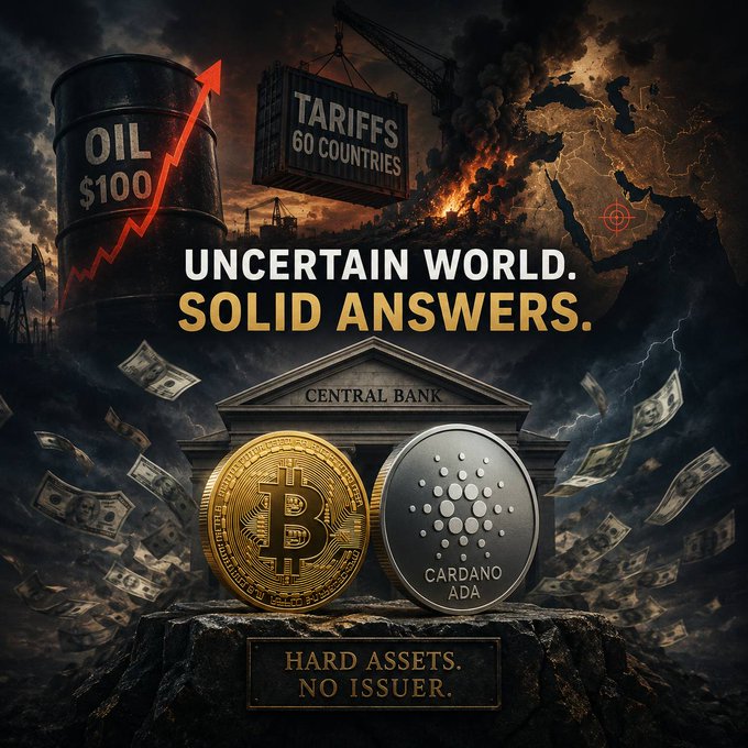 A promotional graphic with the text 'UNCERTAIN WORLD. SOLID ANSWERS.' showing Bitcoin and Cardano coins in front of a Central Bank, with imagery of rising oil prices to $100 and a tariff on 60 countries.